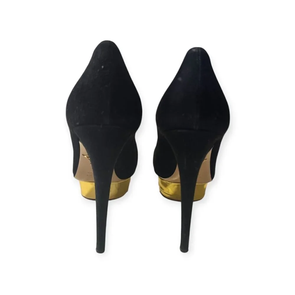 Charlotte Olympia Dolly Platform Pumps, Black Suede-Gold Leather, 38.5 EU